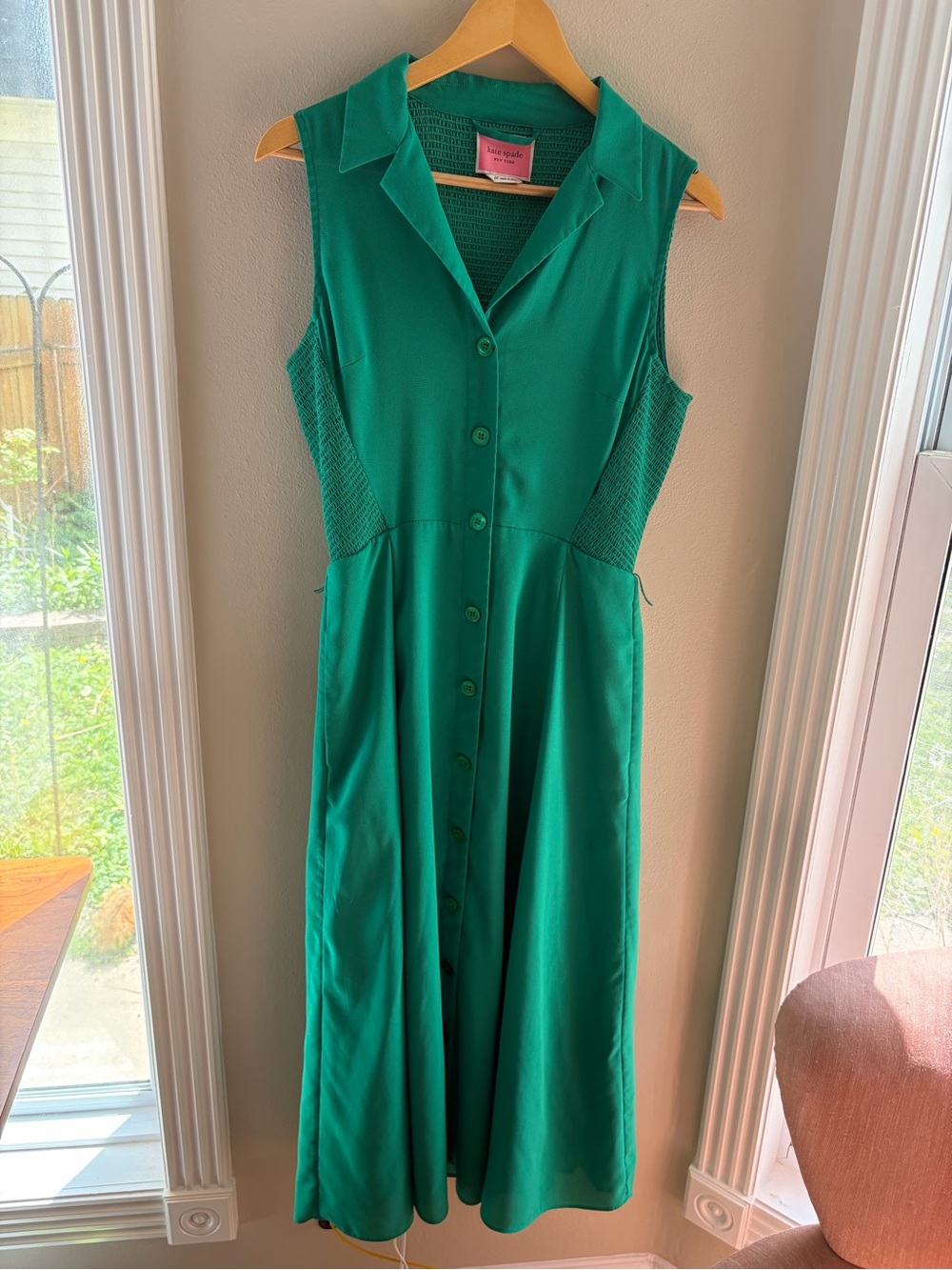 Kate Spade New York Green Smocked Midi Shirt Dress Tie Belt Sleeveless Size 10